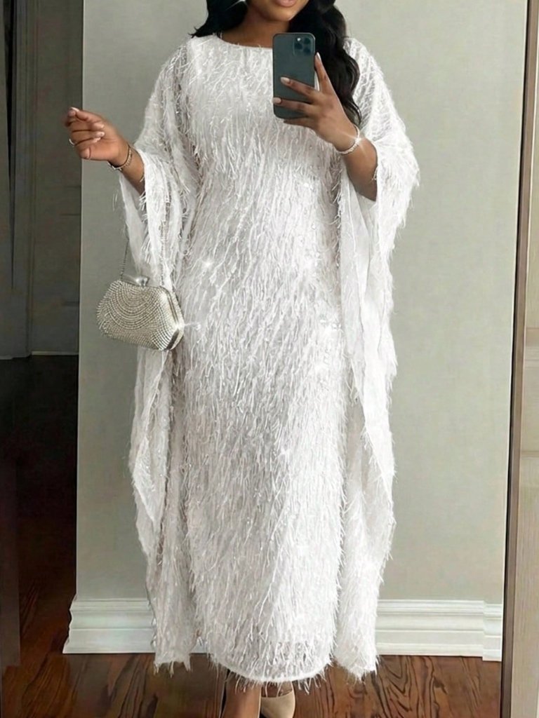 White Modest Women's Plus Size Elegant Party Fringe Batwing Sleeve Dress
